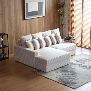 Concept-Usine Canap&eacute; d'angle 2-3 places assise profonde en velours c&ocirc;tel&eacute; beige CARDIFF