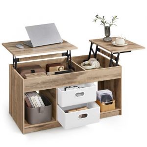 Table basse relevable avec 2 tiroirs marron camel et blanc nuage