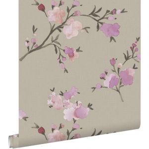 ESTAhome PP intissé éco texture fleurs de cerisier taupe et violet - 0,53 x 10,05 m - 148717