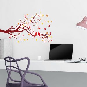 Plage Sticker décoratif, illustration rendez-vous automnal, oiseaux amoureux sur leur branche, 68 cm X 48 cm