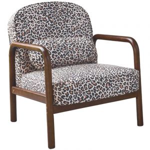 Fauteuil scandinave arrondi bois d'hévéa et imprimé léopard