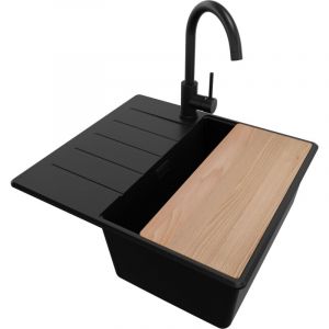 Primagran - Evier Sous Plan Tout Noir 55x50cm, Evier en Granit 1 bac + Kit de Vidage + Robinet + Planche à Découper, Évier au meuble 40cm - Top de