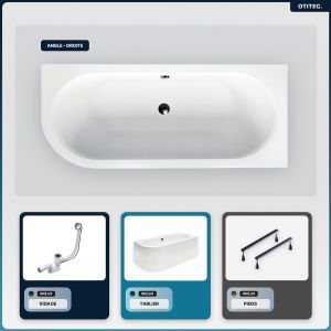 Baignoire asymétrique - 150 x 75 cm - Droite - avec Tablier Blanc - Pieds - Vidage Chrome - AVITA