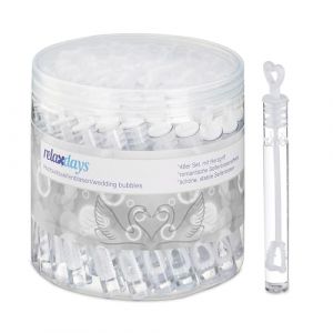 Relaxdays Tubes pour Bulles de Savon, Mariage, Lot de 48, avec poignée en Forme de cœur, Cadeaux pour invités, Blanc