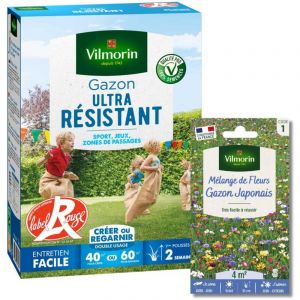 Vilmorin Gazon Ultra R&eacute;sistant - Label Rouge - 1 kg + Gazon Japonais - 4 m&sup2; - M&eacute;lange de fleurs