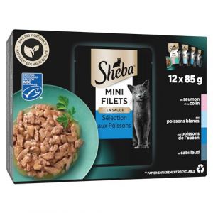 Sheba Repas pour Chat Filets en Sauce - (Lot de 4 Packs de 12x85g) Poissons Blancs/Poissons de l'Océan/Cabillaud/Saumon - Nourriture Complète - Pêche Durable MSC [L'emballage peut varier]