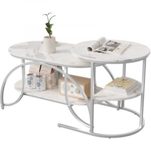 Table basse gigogne, table basse ovale, structure en m&eacute;tal argent&eacute;, marbre blanc