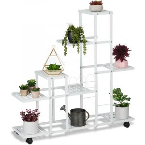 Relaxdays Étagère à Plantes, avec roulettes, 9 emplacements, H x L x P : 91,5 x 93 x 26 cm, pour intérieur, Blanche