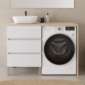 Meuble lave linge 124cm avec plateau nebraska et vasque arrondie - sans miroir - 3 tiroirs - blanc/nebraska (chêne clair) - CRUZ