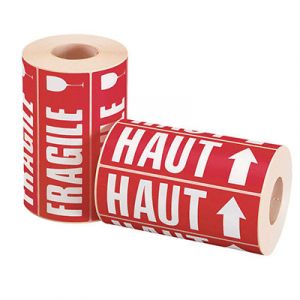 Étiquettes ad sive pré imprimée "HAUT" rouleau de 500 Étiquettes 16,5 x 5,5 cm paquet 2 unités