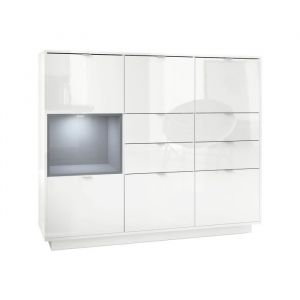 Vladon Buffet haut Armoire Metro V2 en Blanc haute brillance - Façades en Blanc haute brillance avec une insertion en Gris haute