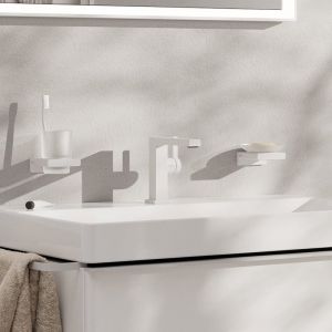 Hansgrohe Tecturis E Fine - Mitigeur de lavabo sans tirette ni vidage, économie d'énergie (CoolStart), Robinet salle de bain 110mm, économie d'eau (EcoSmart+), Blanc mat, 73021700