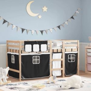 VidaXL Lit mezzanine enfants et rideaux blanc/noir 80x200cm pin massif