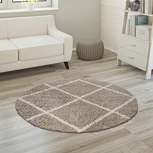 Tapis à Poils Longs, Shaggy Doux Salon Style Scandinave Avec Motif Losanges 120 cm rond, Beige - Paco Home