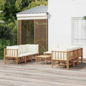 VidaXL Salon de jardin 9 pcs avec coussins blanc crème bambou Brun