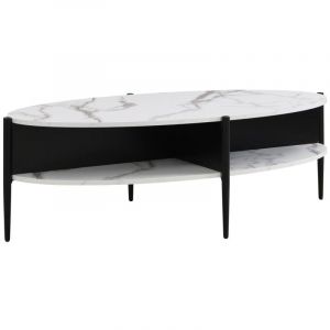 Vente-unique - Table basse ovale avec 4 niches en mdf et métal - Effet marbre blanc et noir - evaro