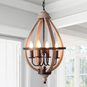 Suspension Rustique Willow– Lustre en Bois Sphère à 4 Ampoules Style Ferme Métal Brossé