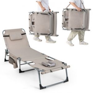 Bain de soleil Coast Beige avec ouverture faciale - Bain de soleil pliable 193x60x34 cm - Dossier et repose-pieds réglables avec coussin amovible et poches latérales
