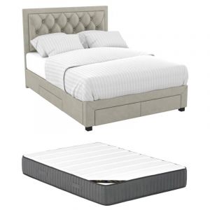Lit avec tiroirs 140 x 190 cm - Tissu velours - Beige grisé + Matelas - LEOPOLD