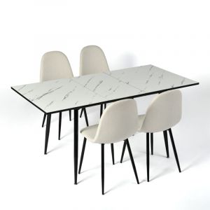Urban Meuble - Ensemble table extensible 120-160 effet marbre blanc et 4 chaises style scandinaves blanches cassées