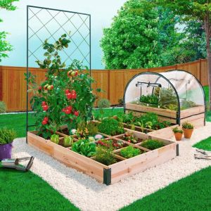 Image de Idmarket Kit complet carrés potagers modulables 3 bacs + treillis + housse