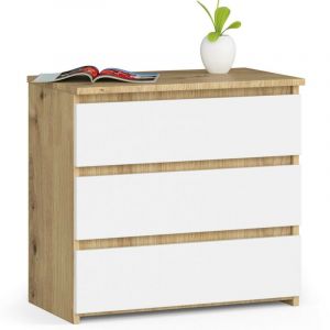 Table de chevet AKORD CL3 Chêne Artisan 60 cm 3 tiroirs façade Blanche 60x35x57 cm