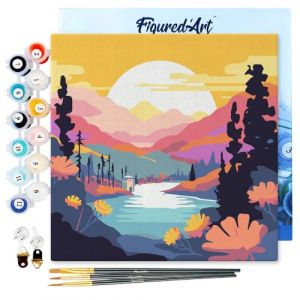 Figured'Art Mini Peinture par Numéro Adulte 20x20cm avec cadre Coucher de Soleil Coloré au Bord du Lac - Petit Format Kit de Loisir Créatif DIY Numéro d'Art Complet
