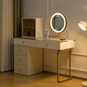 POCKETPOP Coiffeuse avec miroir et led, 5 Tiroirs de Rangement, avec armoire, moderne &eacute;l&eacute;gant, Blanc
