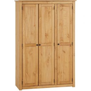 Armoire en bois CANCUN 3 portes tringle à vêtements et étagères 118 x 175 x 50 cm couleur bois naturel – pin massif