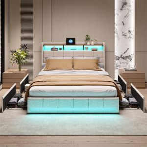Lit double capitonné, lit LED avec 4 tiroirs, sommier à lattes et tête de lit rangement avec charge USB/Type C, lin, beige 140x200cm