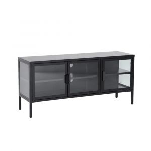 Meuble tv industriel m&eacute;tal et verre tremp&eacute; 3 portes 120cm noir