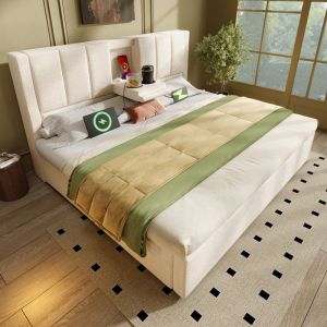 Lit coffre - lit 140x190 cm - porte-gobelet, station de chargement, sommier - lin beige - sans matelas