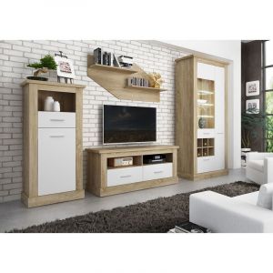 Pegane Ensemble de salon meuble TV + vitrine avec LED + Etagere murale + buffet coloris chene cambrian, blanc -