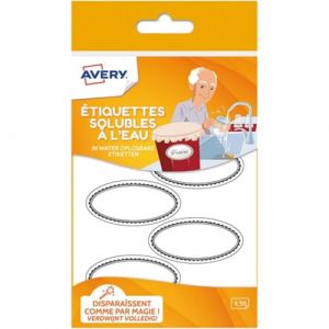 Avery-Zweckform 36 Étiquettes Solubles pour Bocaux Ovales Blanches avec Contours Gris Personnalisables - Se Dissout sous l'Eau - Resistantes au Réfrigérateur et passent au Micro-Ondes - Format 55 x 29 mm