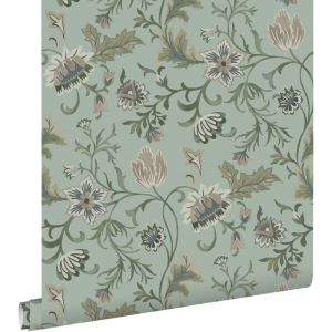 Papier peint fleurs vintage vert c&eacute;ladon Estahome