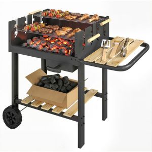 Outsunny Chariot &agrave; barbecue de bois - 2 grilles r&eacute;glables - tablette lat&eacute;rale, &eacute;tag&egrave;re inf&eacute;rieure - m&eacute;tal - 99,5x58x82cm - noir