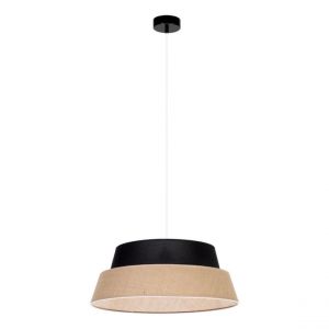 Lampe Suspendue Métal Câble PVC Transparent Abat-jour en Jute Beige et Tissu Noir