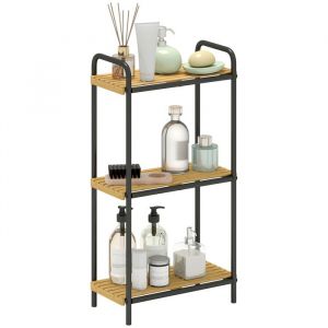 Homcom Étagère Salle de Bain Bambou, 3 Niveaux, étagère de Rangement étroite autoportante Cadre en Acier pour Salon, Salle à Manger, Balcon, Cuisine, 41,5 x 21,5 x 77,5 cm, Noir et Effet Bois Naturel