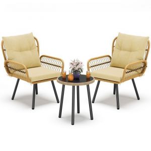 Salon de Jardin Bealife Ensemble Meuble Extérieur Rotin 4 Coussins Démontable 2 Fauteuils et 1 Table en Verre pour Balcon Terrasse Beige