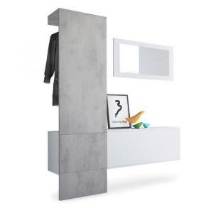 Garderobe Meubles d'entrée Carlton Set 4 Blanc - haute brillance & tons naturels - Panneau en Aspect Béton Oxyde - Panneau en Aspect Béton Oxyde
