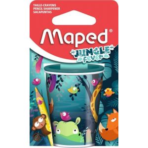 Maped Taille-crayon canette en métal – Deux trous de différents diamètres – Grande capacité de réserve – Décor Jungle fever – Emballage carton recyclable