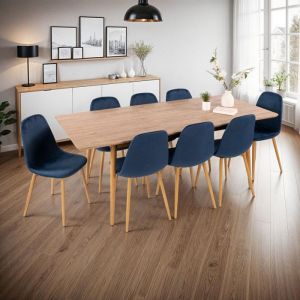 M&S Table à manger extensible chêne + 8 chaises en velours bleu - ubeli