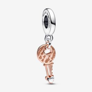 Pandora Charm Pendant Bimatière C?ur Coulissant et Clef