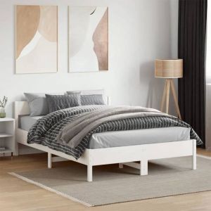 VidaXL Cadre de Lit et Tête de Lit, Lit Double avec Sommier à Lattes, Lit Adulte, Meuble de Chambre, Moderne, Blanc 140x190 cm Bois de Pin Massif