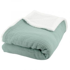 Coté Déco Plaid Polaire et Gaze de Coton 130x170, Couverture Chaude et Douce pour lit ou canapé. (Bleu Amande)