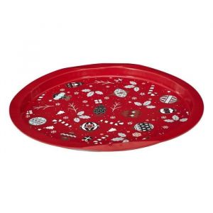 HOME DECO FACTORY, KA0384, Plateau en métal Rond décoratif pour Noël, idéal pour Servir Vos Plats et douceurs, Facile à Nettoyer, Couleur Rouge, Taille 30 cm