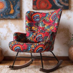 Fauteuil &agrave; Bascule &Eacute;l&eacute;gant HOMEMIYN - Design Mid-Century avec Motif Tournesol sur Tissu Toile