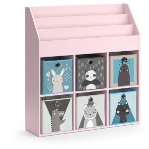 Bibliothèque enfant Luigi, Rose, 107.2 x 114.2 cm avec 6 boîtes pliantes (grises), Vicco
