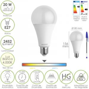 Maurer Bombilla Led Estandar Rosca E27. 20 Watt. Equivale a 150 Watt. 2452 Lumenes. Luz Neutra (4000&ordm; k.)