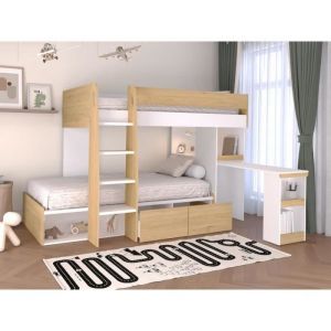 Vente-unique - Lits superpos&eacute;s 2 x 90 x 190 cm avec bureau et rangements - Coloris : Naturel et blanc - lomiden